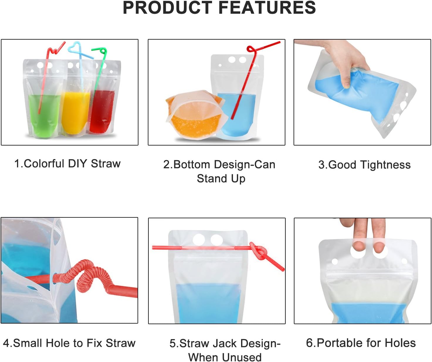 100 Pcs Drink Pouches with 100 Straw Holes, Freezable Juice Pouches, Translucent Reclosable Zipper Plastic Pouche Drink Bags for Cold & Hot Drinks for Adults and Kids